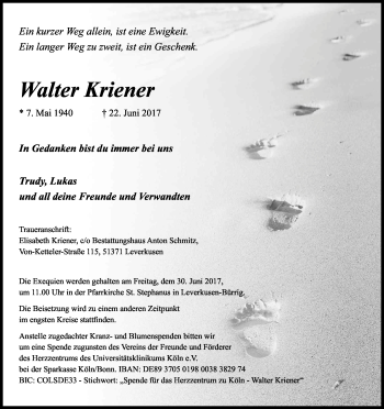 Anzeige von Walter Kriener von Kölner Stadt-Anzeiger / Kölnische Rundschau / Express