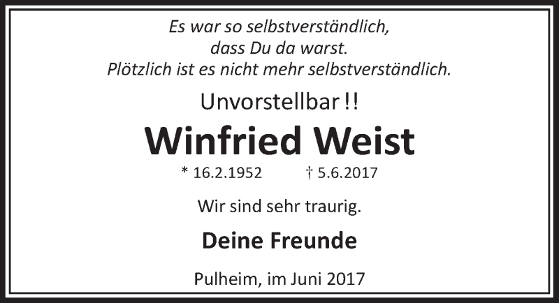  Traueranzeige für Winfried Weist vom 07.06.2017 aus  Wochenende 