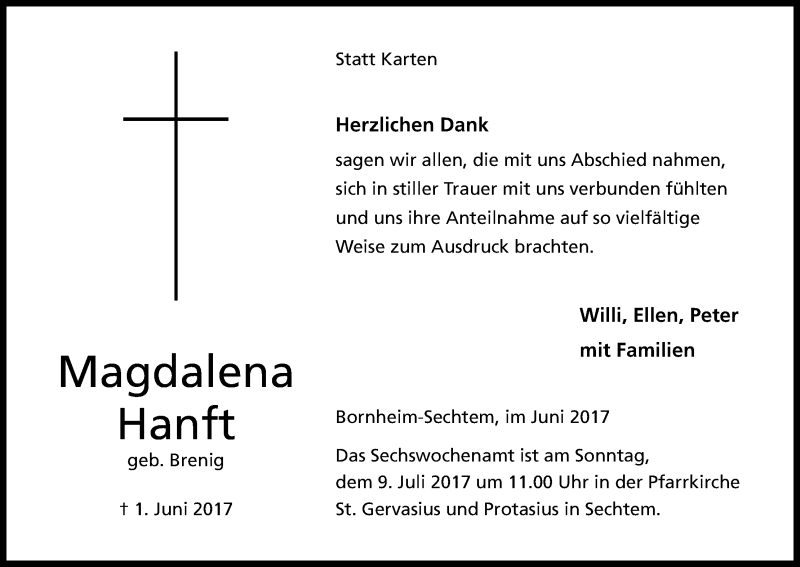  Traueranzeige für Magdalena Hanft vom 24.06.2017 aus Kölner Stadt-Anzeiger / Kölnische Rundschau / Express