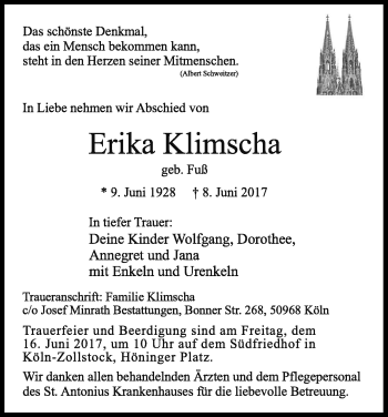Anzeige von Erika Klimscha von Kölner Stadt-Anzeiger / Kölnische Rundschau / Express