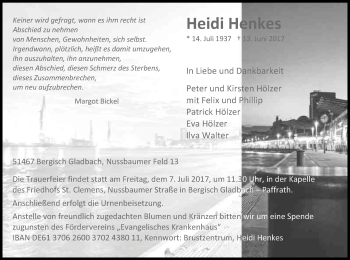 Anzeige von Heidi Henkes von Kölner Stadt-Anzeiger / Kölnische Rundschau / Express