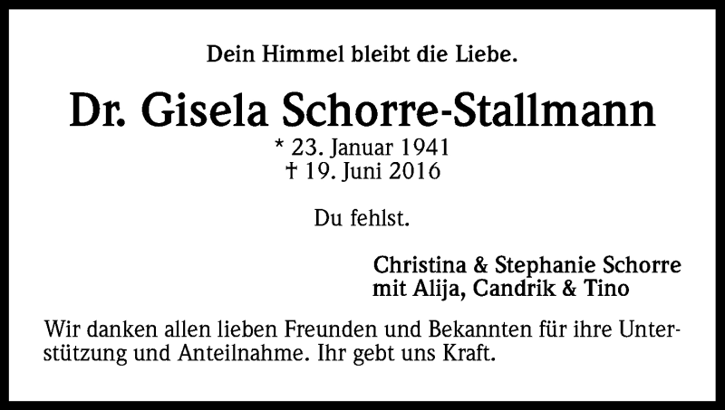  Traueranzeige für Gisela Schorre-Stallmann vom 17.06.2017 aus Kölner Stadt-Anzeiger / Kölnische Rundschau / Express
