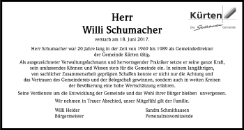 Anzeige von Willi Schumacher von Kölner Stadt-Anzeiger / Kölnische Rundschau / Express