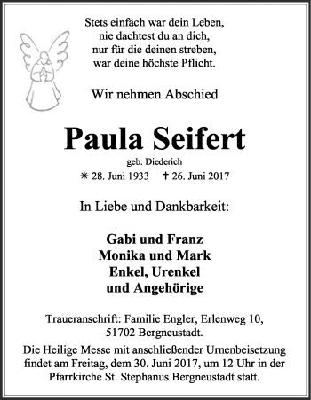 Anzeige von Paula Seifert von Kölner Stadt-Anzeiger / Kölnische Rundschau / Express