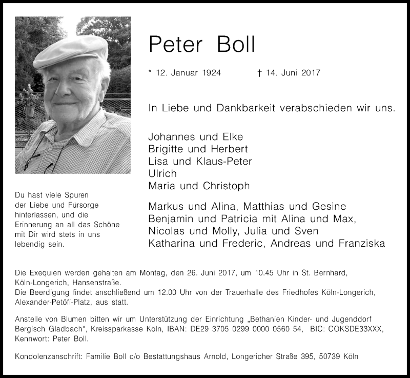  Traueranzeige für Peter Boll vom 24.06.2017 aus Kölner Stadt-Anzeiger / Kölnische Rundschau / Express
