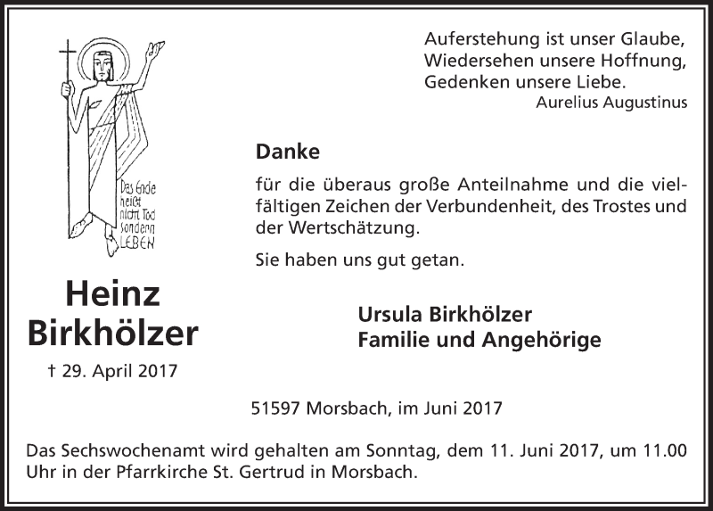  Traueranzeige für Heinz Birkhölzer vom 07.06.2017 aus  Lokalanzeiger 
