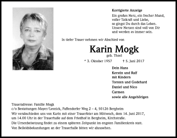 Anzeige von Karin Mogk von Kölner Stadt-Anzeiger / Kölnische Rundschau / Express