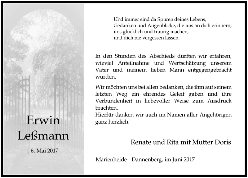  Traueranzeige für Erwin Leßmann vom 07.06.2017 aus  Anzeigen Echo 
