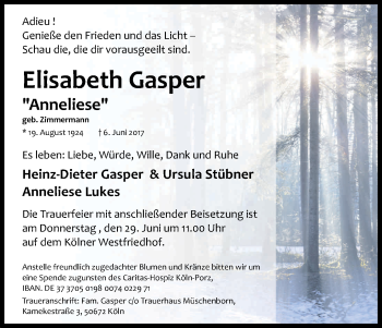 Anzeige von Elisabeth Gasper von Kölner Stadt-Anzeiger / Kölnische Rundschau / Express