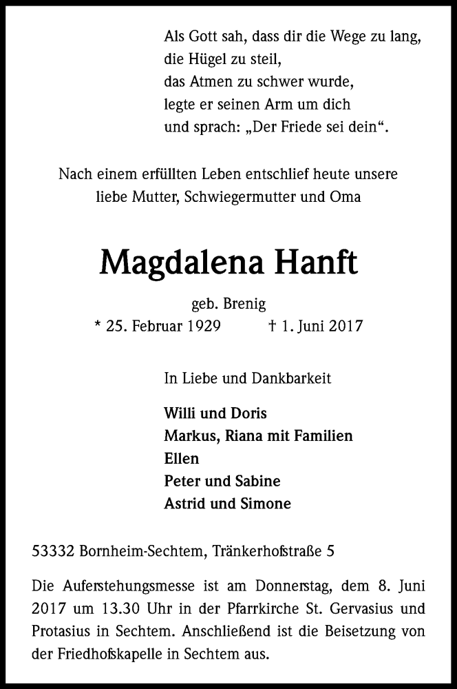  Traueranzeige für Magdalena Hanft vom 03.06.2017 aus Kölner Stadt-Anzeiger / Kölnische Rundschau / Express