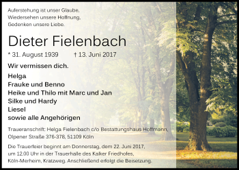 Anzeige von Dieter Fielenbach von Kölner Stadt-Anzeiger / Kölnische Rundschau / Express