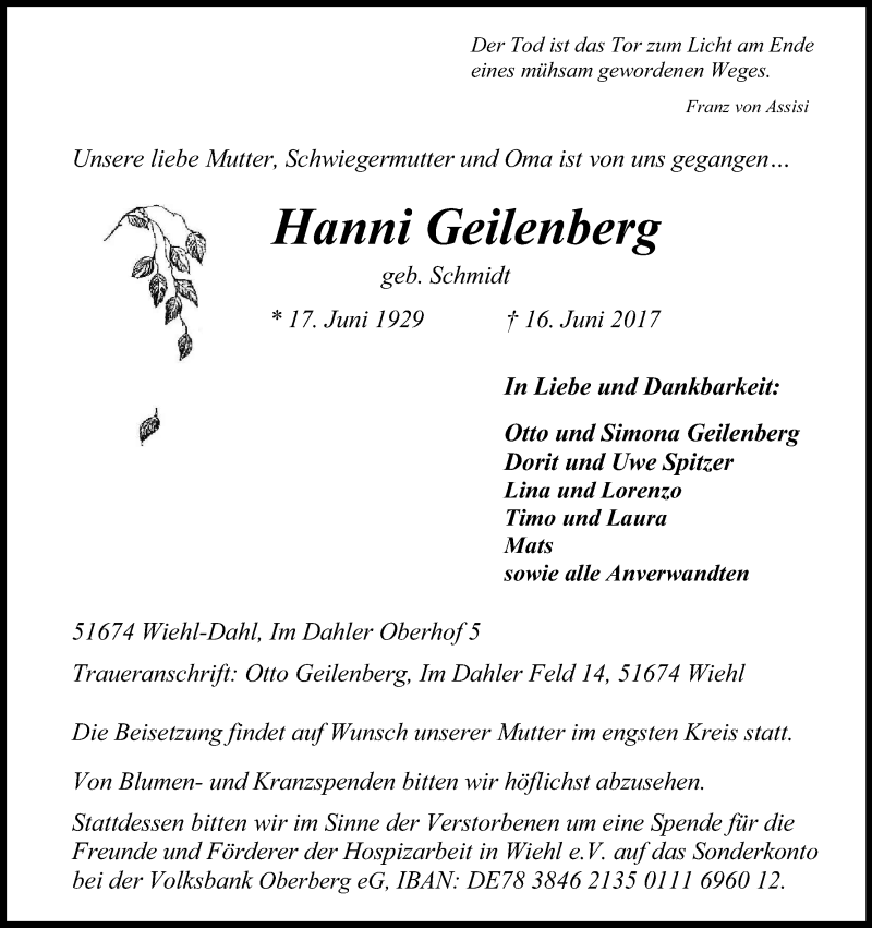  Traueranzeige für Hanni Geilenberg vom 20.06.2017 aus Kölner Stadt-Anzeiger / Kölnische Rundschau / Express