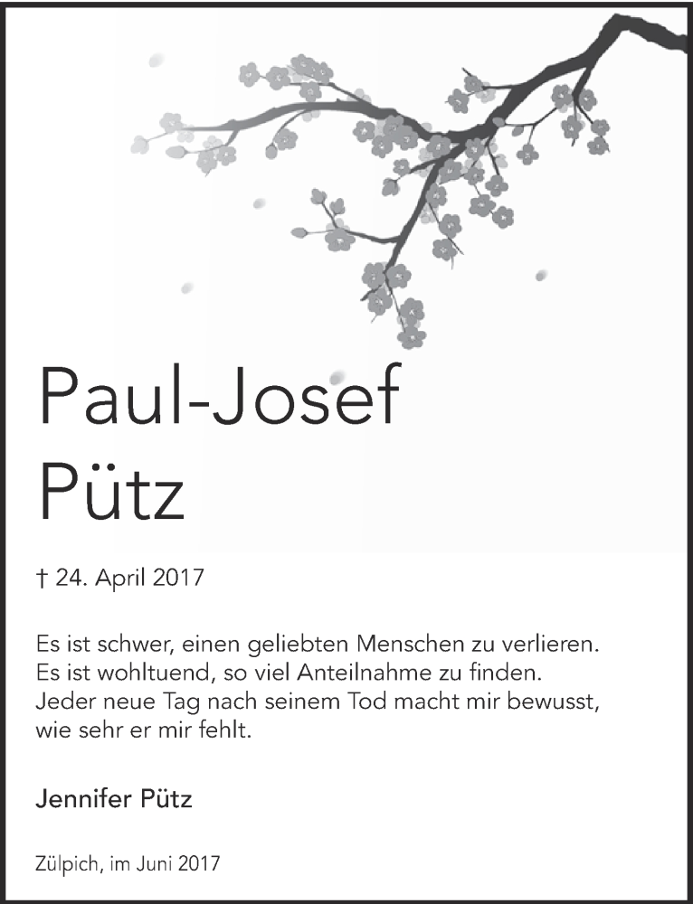  Traueranzeige für Paul-Josef Pütz vom 24.06.2017 aus  Blickpunkt Euskirchen 