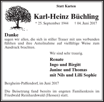 Anzeige von Karl-Heinz Büchling von  Sonntags-Post 