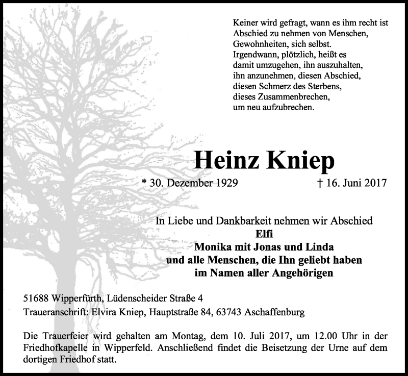  Traueranzeige für Heinz Kniep vom 01.07.2017 aus Kölner Stadt-Anzeiger / Kölnische Rundschau / Express