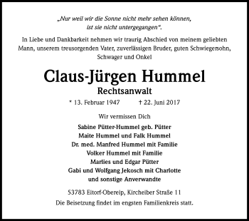 Anzeige von Claus-Jürgen Hummel von Kölner Stadt-Anzeiger / Kölnische Rundschau / Express