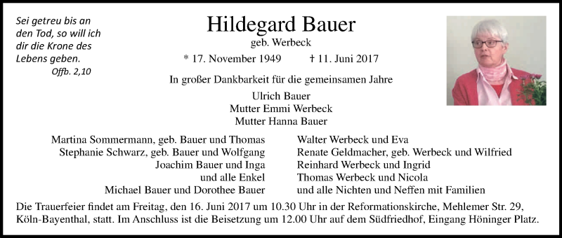  Traueranzeige für Hildegard Bauer vom 14.06.2017 aus Kölner Stadt-Anzeiger / Kölnische Rundschau / Express