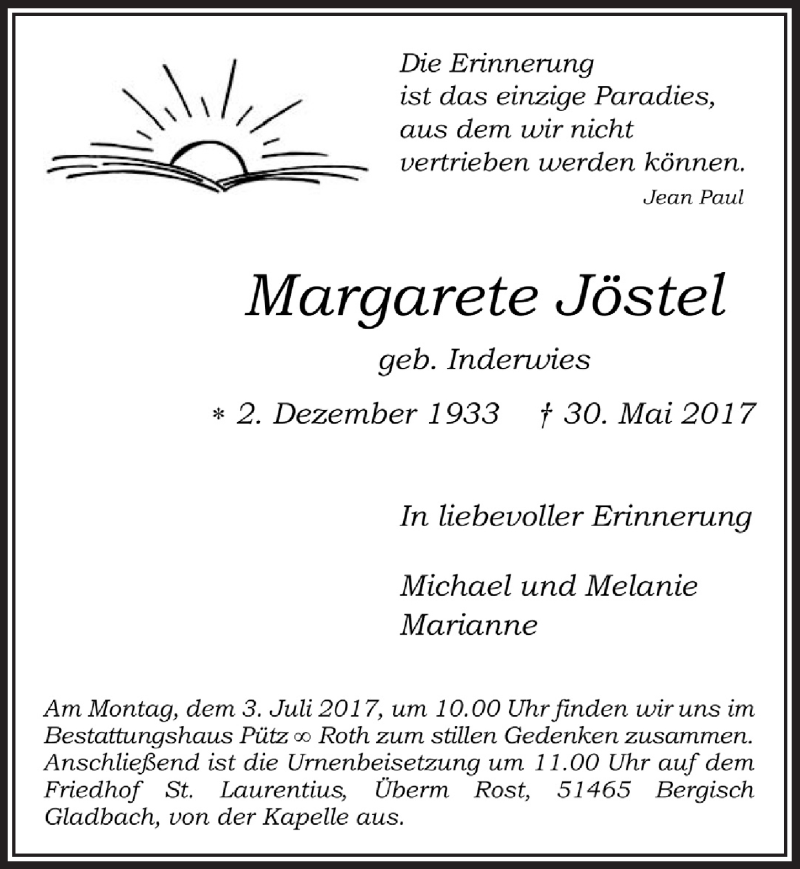  Traueranzeige für Margarete Jöstel vom 21.06.2017 aus  Bergisches Handelsblatt 