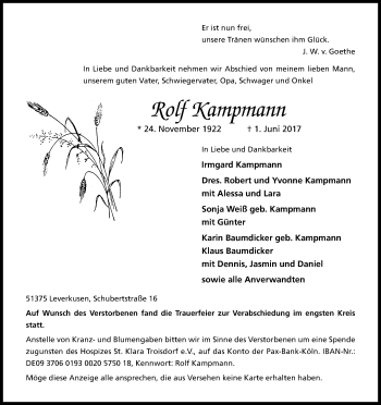Anzeige von Rolf Kampmann von Kölner Stadt-Anzeiger / Kölnische Rundschau / Express