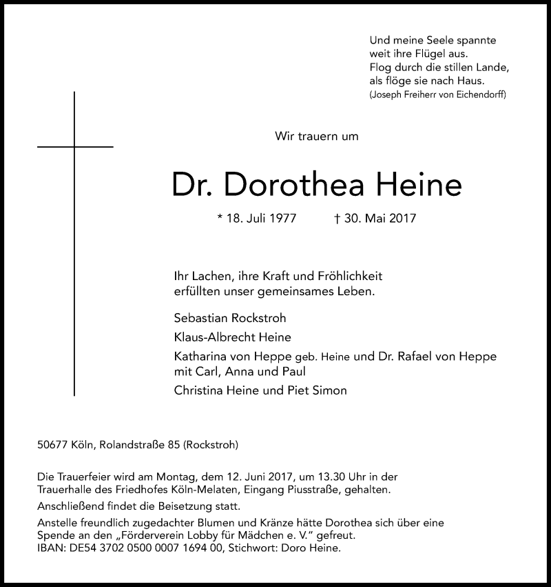  Traueranzeige für Dorothea Heine vom 07.06.2017 aus Kölner Stadt-Anzeiger / Kölnische Rundschau / Express