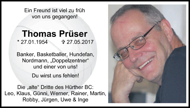  Traueranzeige für Thomas Prüser vom 10.06.2017 aus Kölner Stadt-Anzeiger / Kölnische Rundschau / Express