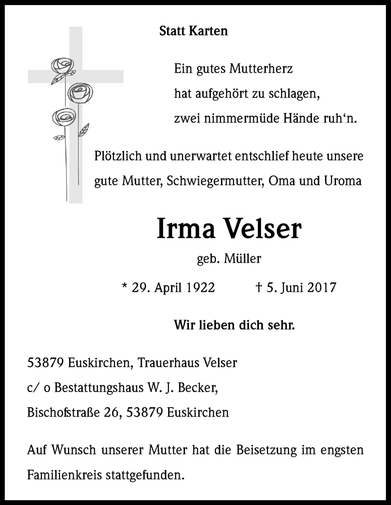  Traueranzeige für Irma Velser vom 28.06.2017 aus Kölner Stadt-Anzeiger / Kölnische Rundschau / Express