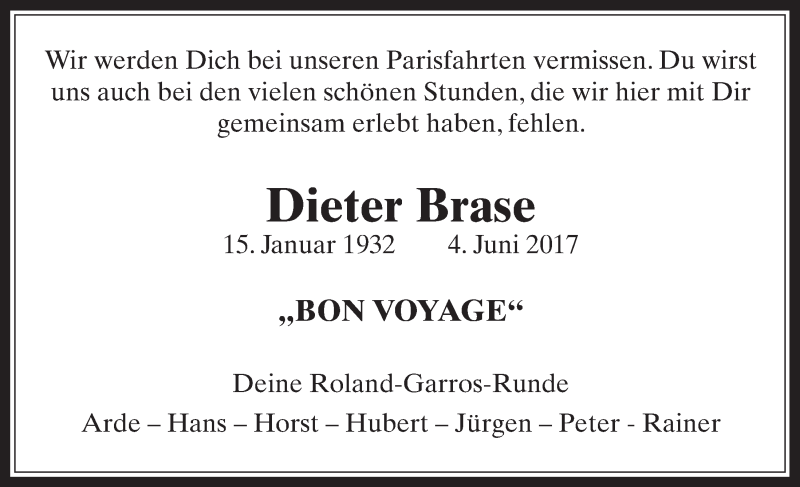  Traueranzeige für Dieter Brase vom 21.06.2017 aus  Werbepost 