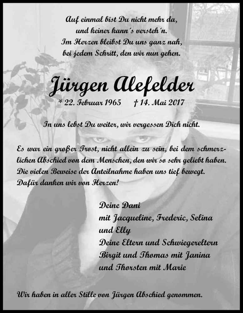 Traueranzeige für Jürgen Alefelder vom 17.06.2017 aus Kölner Stadt-Anzeiger / Kölnische Rundschau / Express