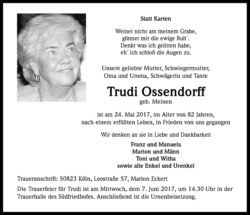  Traueranzeige für Trudi Ossendorff vom 03.06.2017 aus Kölner Stadt-Anzeiger / Kölnische Rundschau / Express