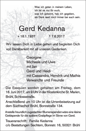 Anzeige von Gerd Kedanna von  Schlossbote/Werbekurier 