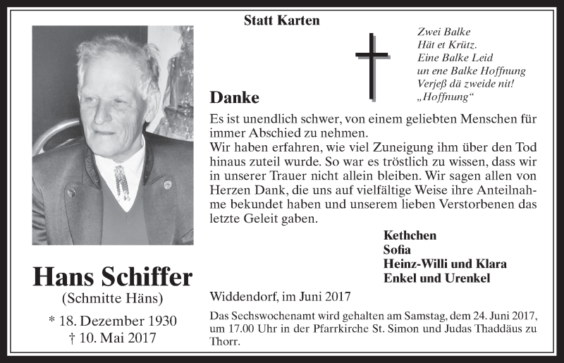  Traueranzeige für Hans Schiffer vom 21.06.2017 aus  Werbepost 