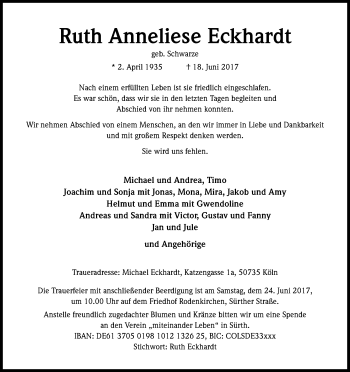 Anzeige von Ruth Anneliese Eckhardt von Kölner Stadt-Anzeiger / Kölnische Rundschau / Express