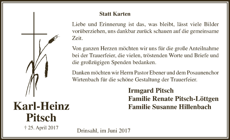  Traueranzeige für Karl-Heinz Pitsch vom 14.06.2017 aus  Lokalanzeiger 