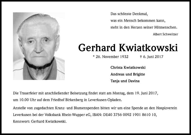  Traueranzeige für Gerhard Kwiatkowski vom 14.06.2017 aus Kölner Stadt-Anzeiger / Kölnische Rundschau / Express