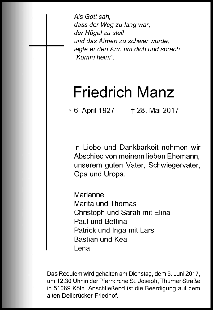  Traueranzeige für Friedrich Manz vom 02.06.2017 aus Kölner Stadt-Anzeiger / Kölnische Rundschau / Express