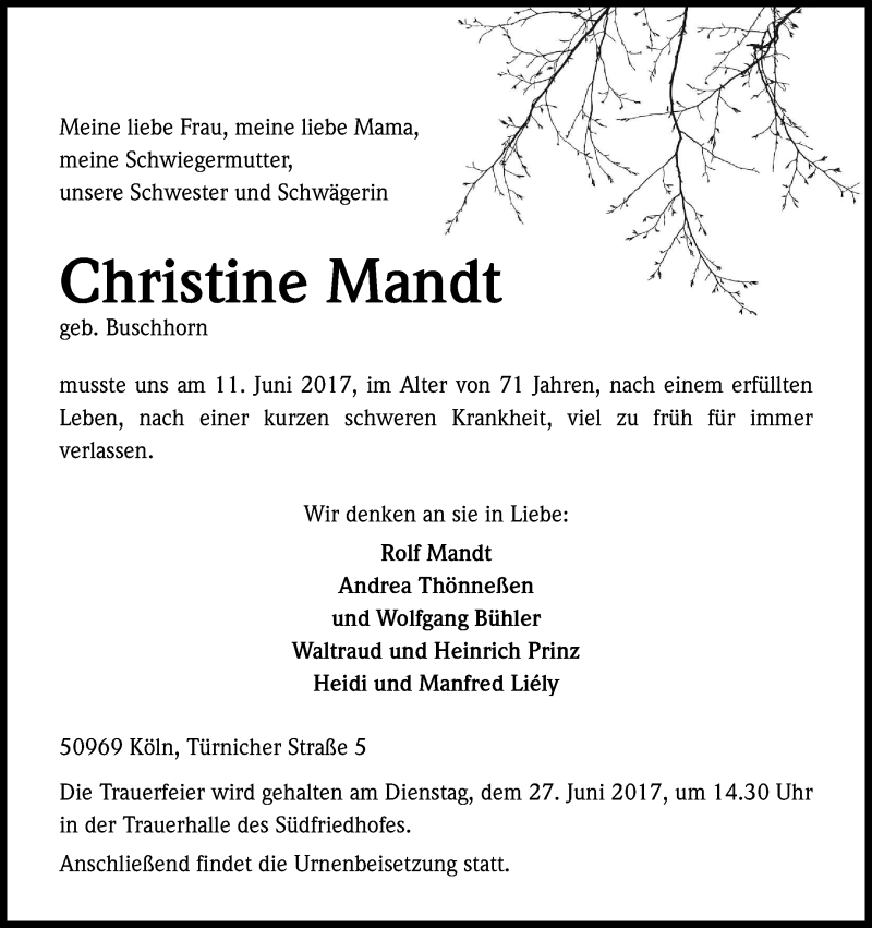  Traueranzeige für Christine Mandt vom 17.06.2017 aus Kölner Stadt-Anzeiger / Kölnische Rundschau / Express