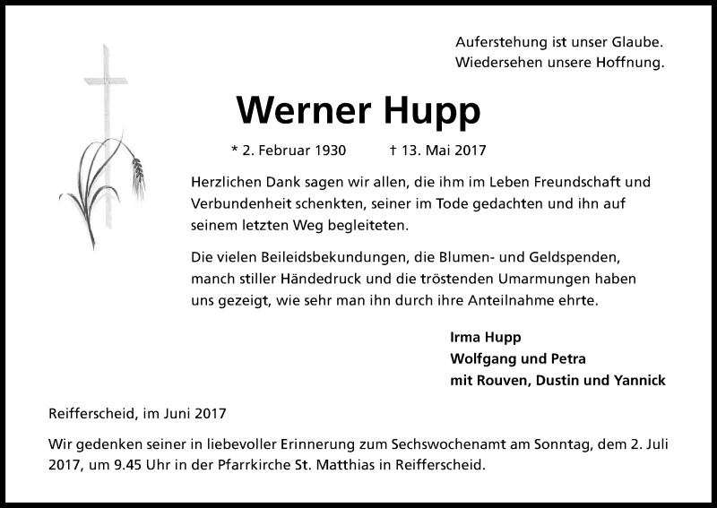  Traueranzeige für Werner Hupp vom 24.06.2017 aus Kölner Stadt-Anzeiger / Kölnische Rundschau / Express