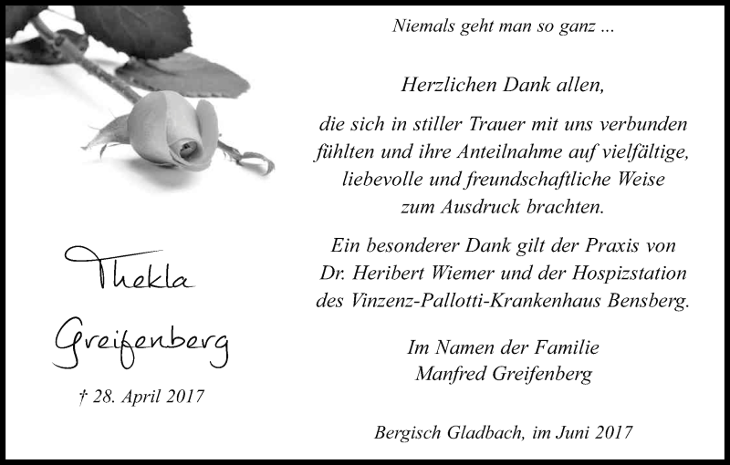  Traueranzeige für Thekla Greifenberg vom 10.06.2017 aus Kölner Stadt-Anzeiger / Kölnische Rundschau / Express