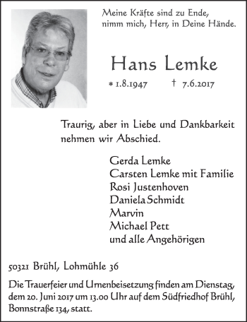 Anzeige von Hans Lemke von  Schlossbote/Werbekurier 