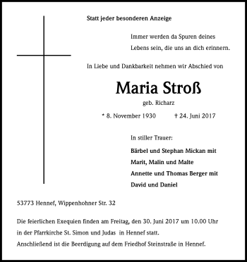 Anzeige von Maria Stroß von Kölner Stadt-Anzeiger / Kölnische Rundschau / Express