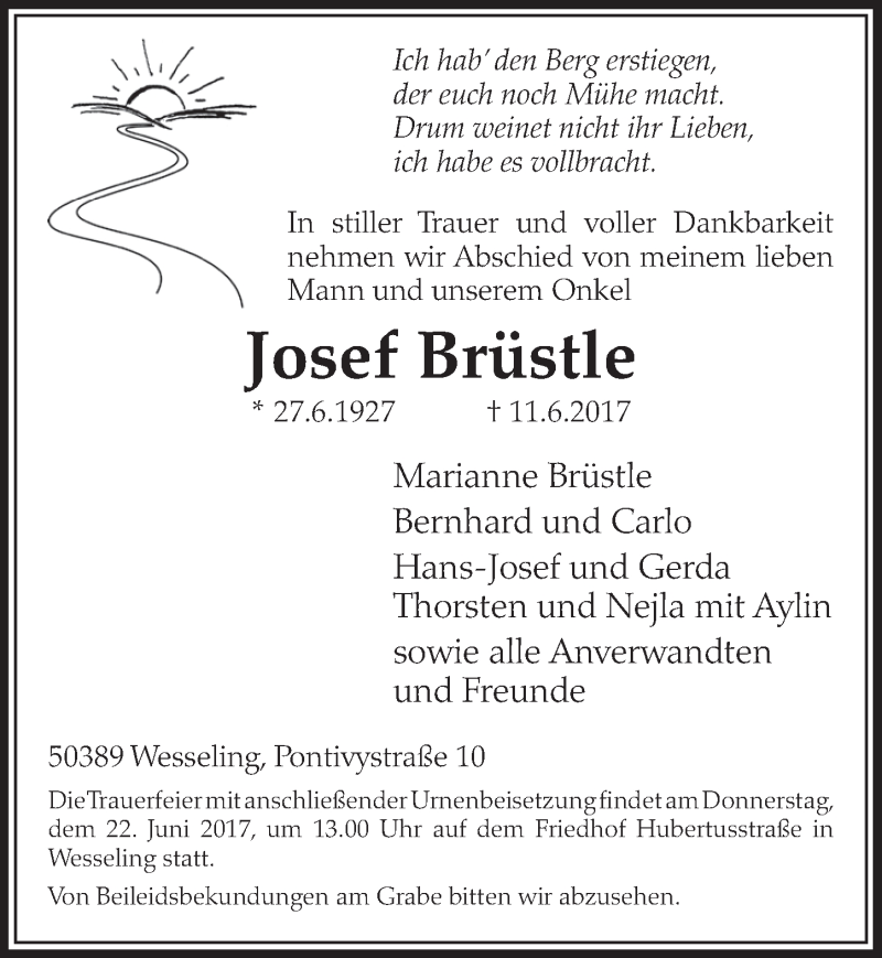  Traueranzeige für Josef Brüstle vom 21.06.2017 aus  Schlossbote/Werbekurier 