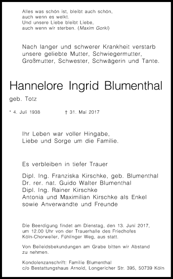 Anzeige von Hannelore Ingrid Blumenthal von Kölner Stadt-Anzeiger / Kölnische Rundschau / Express