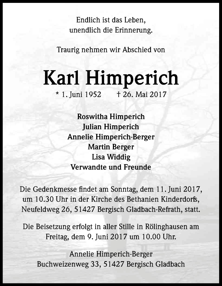  Traueranzeige für Karl Himperich vom 03.06.2017 aus Kölner Stadt-Anzeiger / Kölnische Rundschau / Express