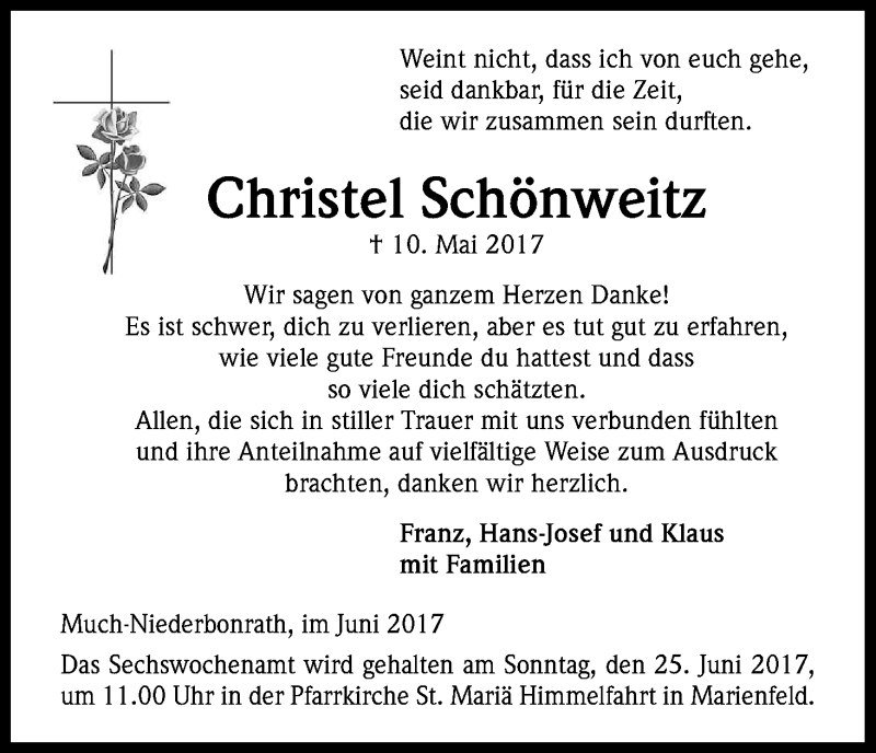  Traueranzeige für Christel Schönweitz vom 03.06.2017 aus Kölner Stadt-Anzeiger / Kölnische Rundschau / Express