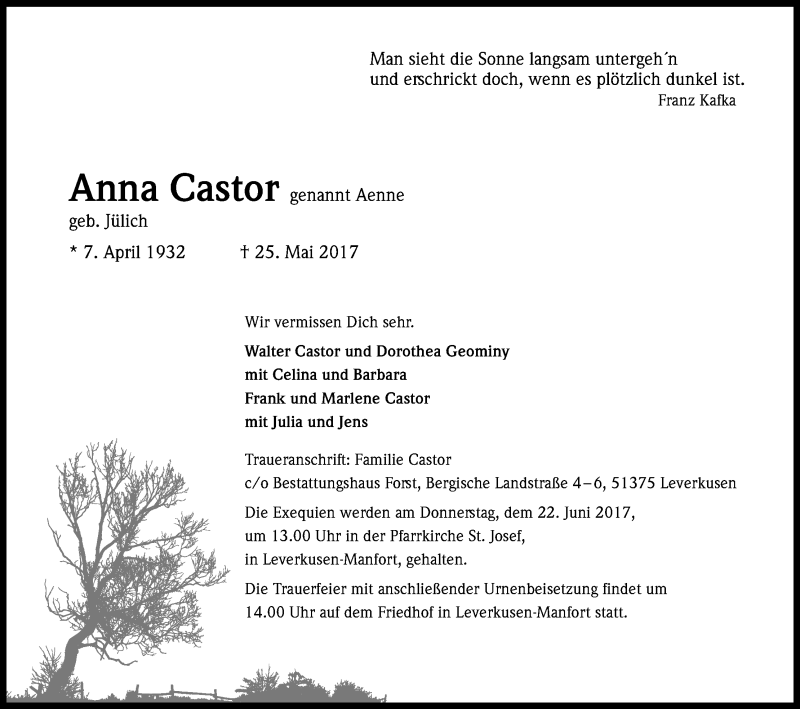  Traueranzeige für Anna Castor vom 17.06.2017 aus Kölner Stadt-Anzeiger / Kölnische Rundschau / Express