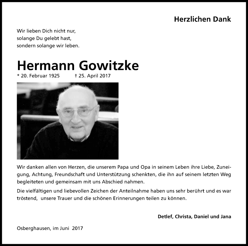  Traueranzeige für Hermann Gowitzke vom 24.06.2017 aus Kölner Stadt-Anzeiger / Kölnische Rundschau / Express