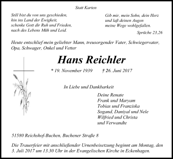 Anzeige von Hans Reichler von Kölner Stadt-Anzeiger / Kölnische Rundschau / Express