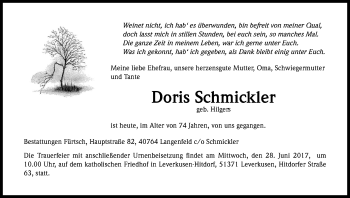 Anzeige von Doris Schmickler von Kölner Stadt-Anzeiger / Kölnische Rundschau / Express