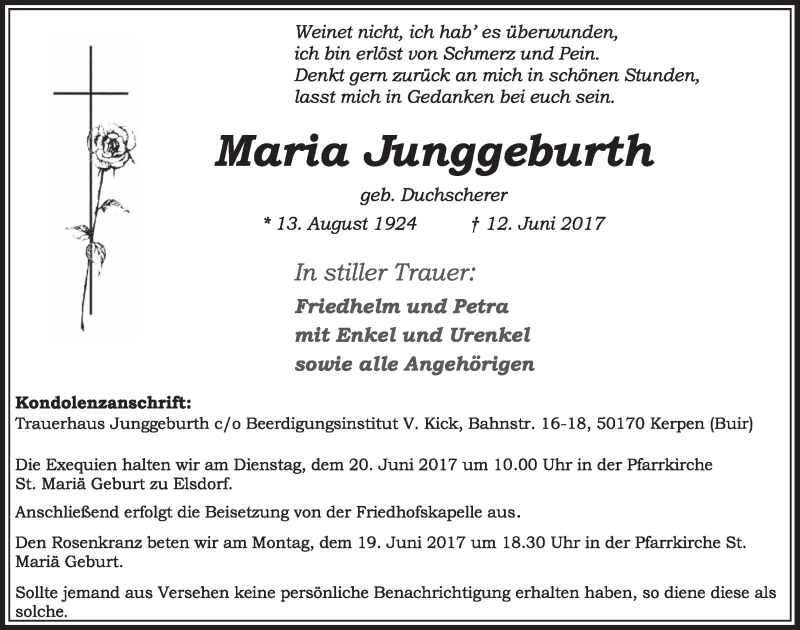  Traueranzeige für Maria Junggeburth vom 17.06.2017 aus  Sonntags-Post 