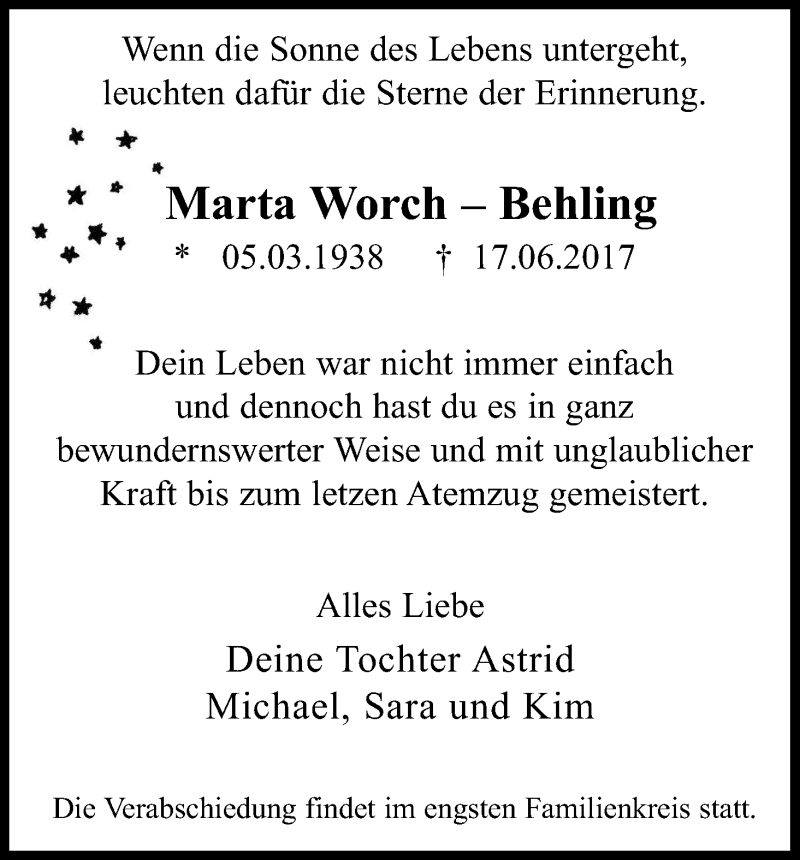  Traueranzeige für Marta Worch-Behling vom 24.06.2017 aus Kölner Stadt-Anzeiger / Kölnische Rundschau / Express